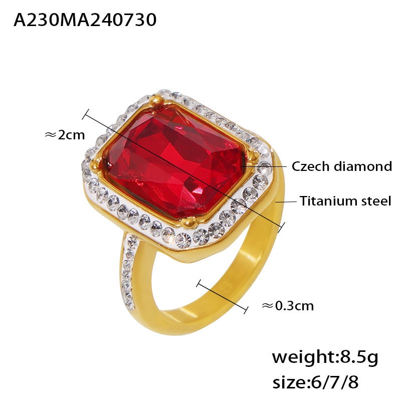 New Rectangular Ring With Large Diamond Niche Light Luxury Titanium Steel Plated 18K Gold Court Style Ring - Image 1